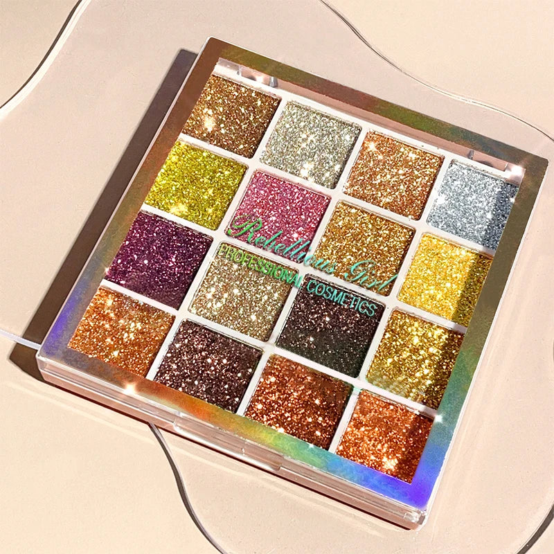 16 Colors Glitter Eyeshadow Palette Shimmer Multicolor Golden Color Sparkle Sequin Finish Body Face Makeup Stage Party Makeup