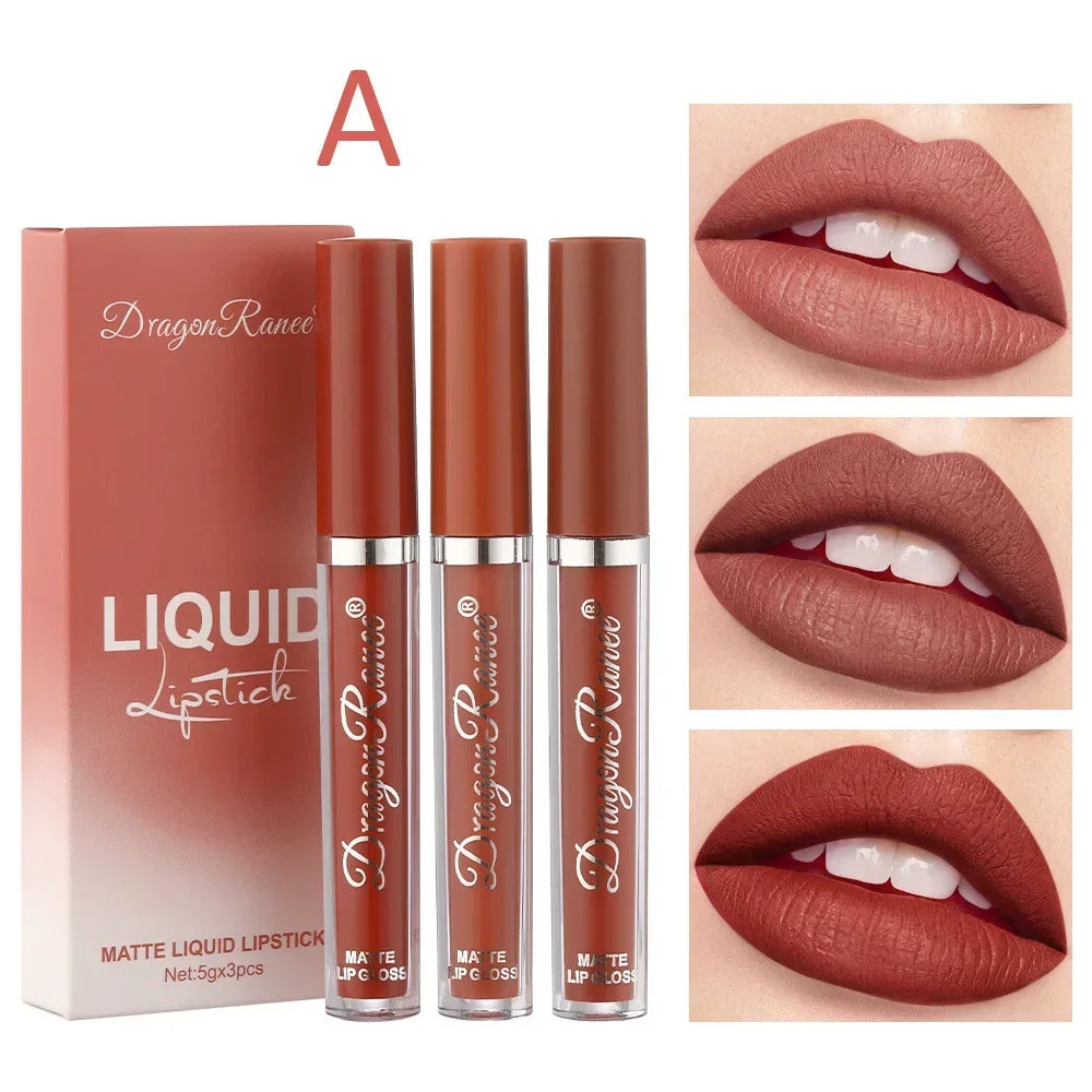 3 Pack Set with Lip Gloss Velvet Matte Lipstick, Small Orange Milk Tea,