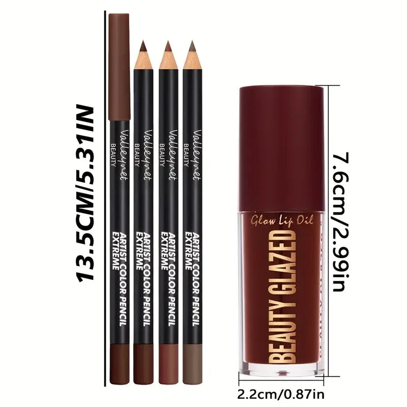 4pcs Dark Brown Lip Kit - Lip Liner + Lip Glaze, Waterproof & Long-Lasting Matte Effect