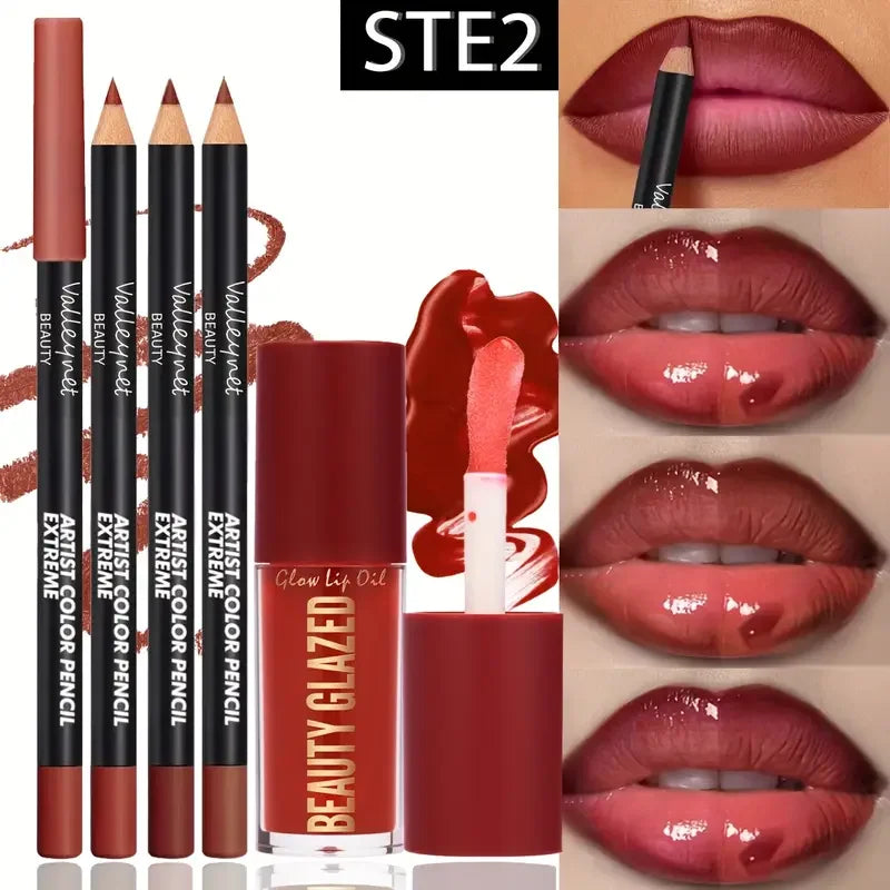 4pcs Dark Brown Lip Kit - Lip Liner + Lip Glaze, Waterproof & Long-Lasting Matte Effect